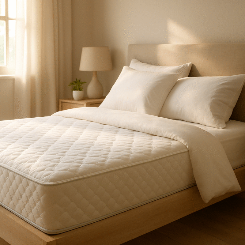 a bed with a mattress and a lamp