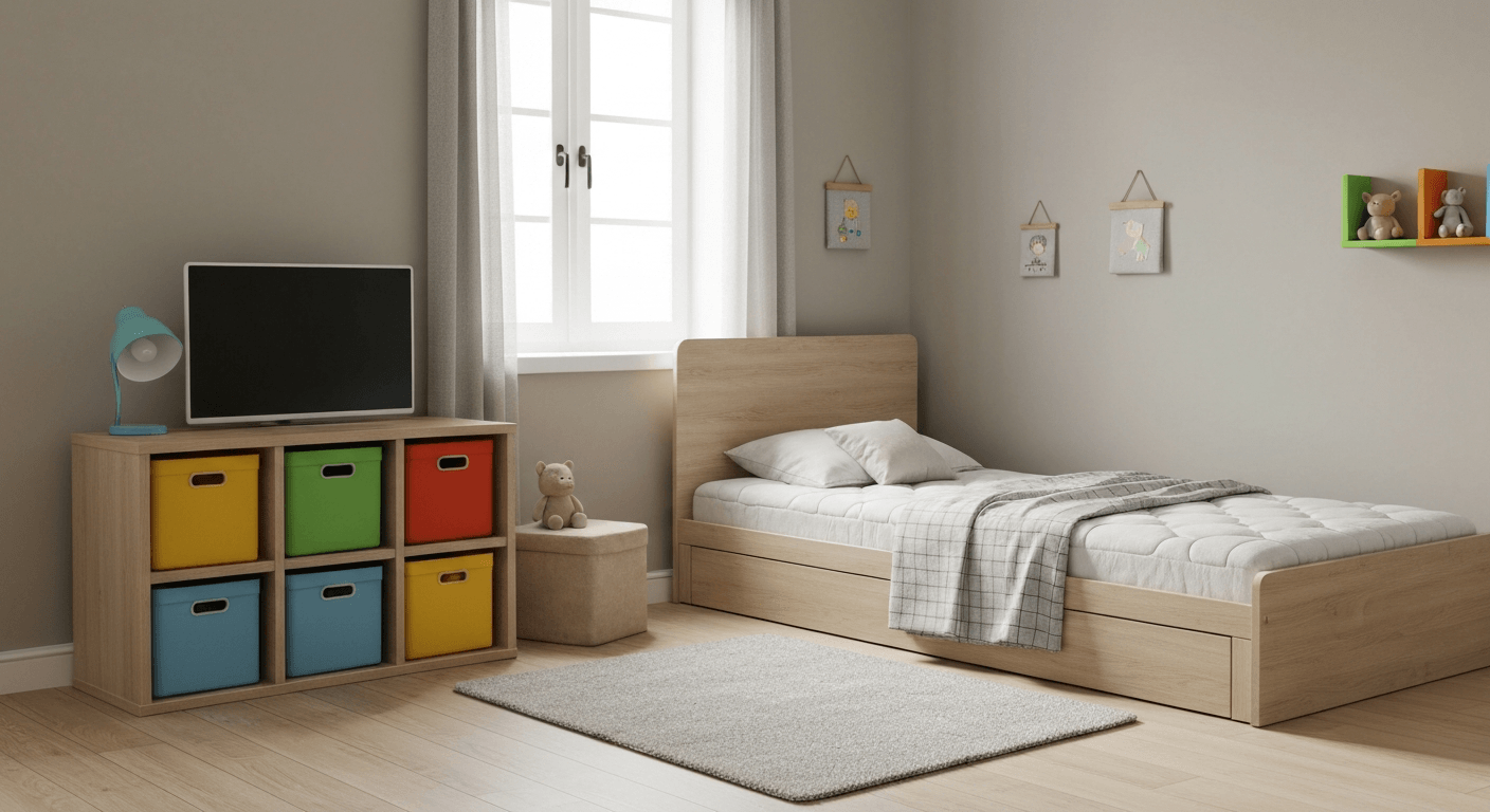 čiužinys vaikams miegamajame kambaryje su žaislais