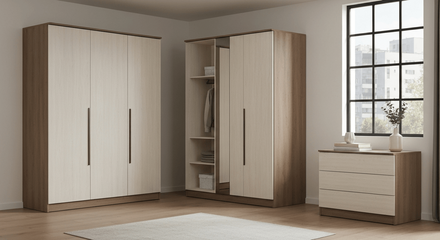 miegamojo baldų komplektas su lova komoda spinta