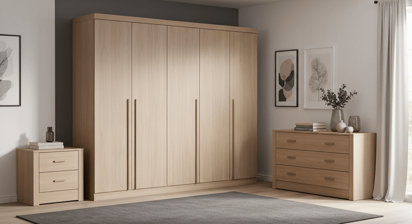 miegamojo baldų komplektas su spinta komoda naktiniais staliukais