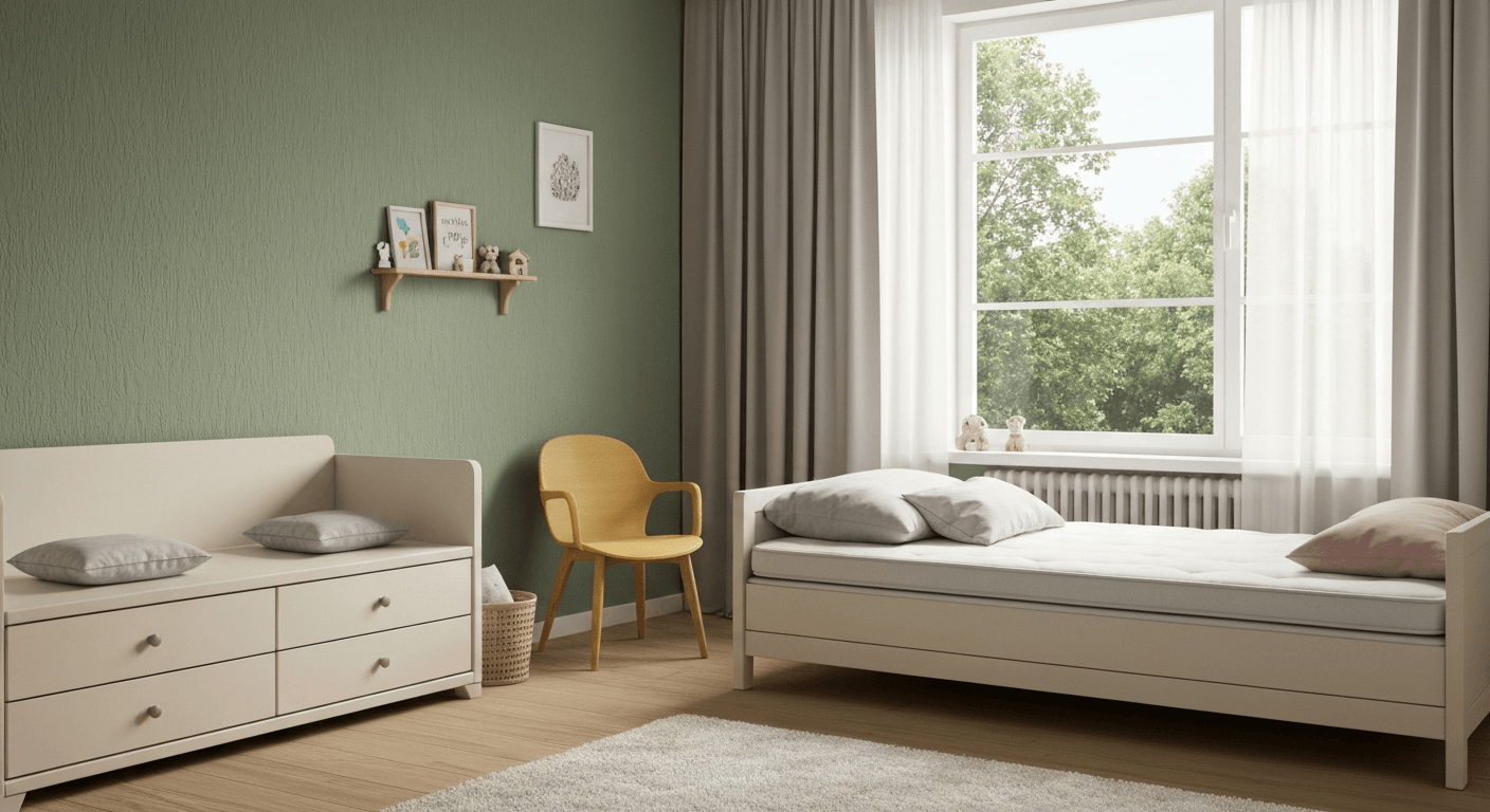vaikų miegamojo interjeras su raminančiomis spalvomis