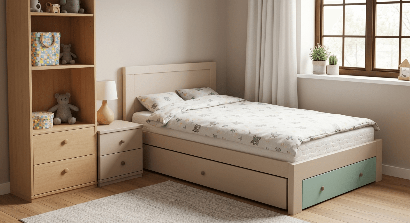 vaikų miegamojo interjeras su saugiais baldais