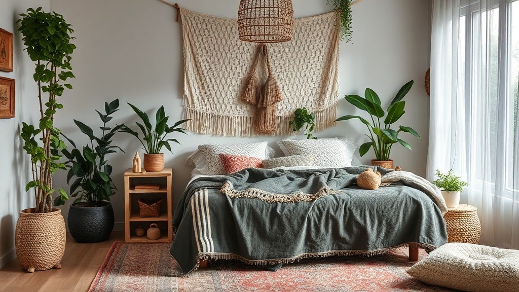 Boho miegamasis su augalais, makramė ir šiltais atspalviais